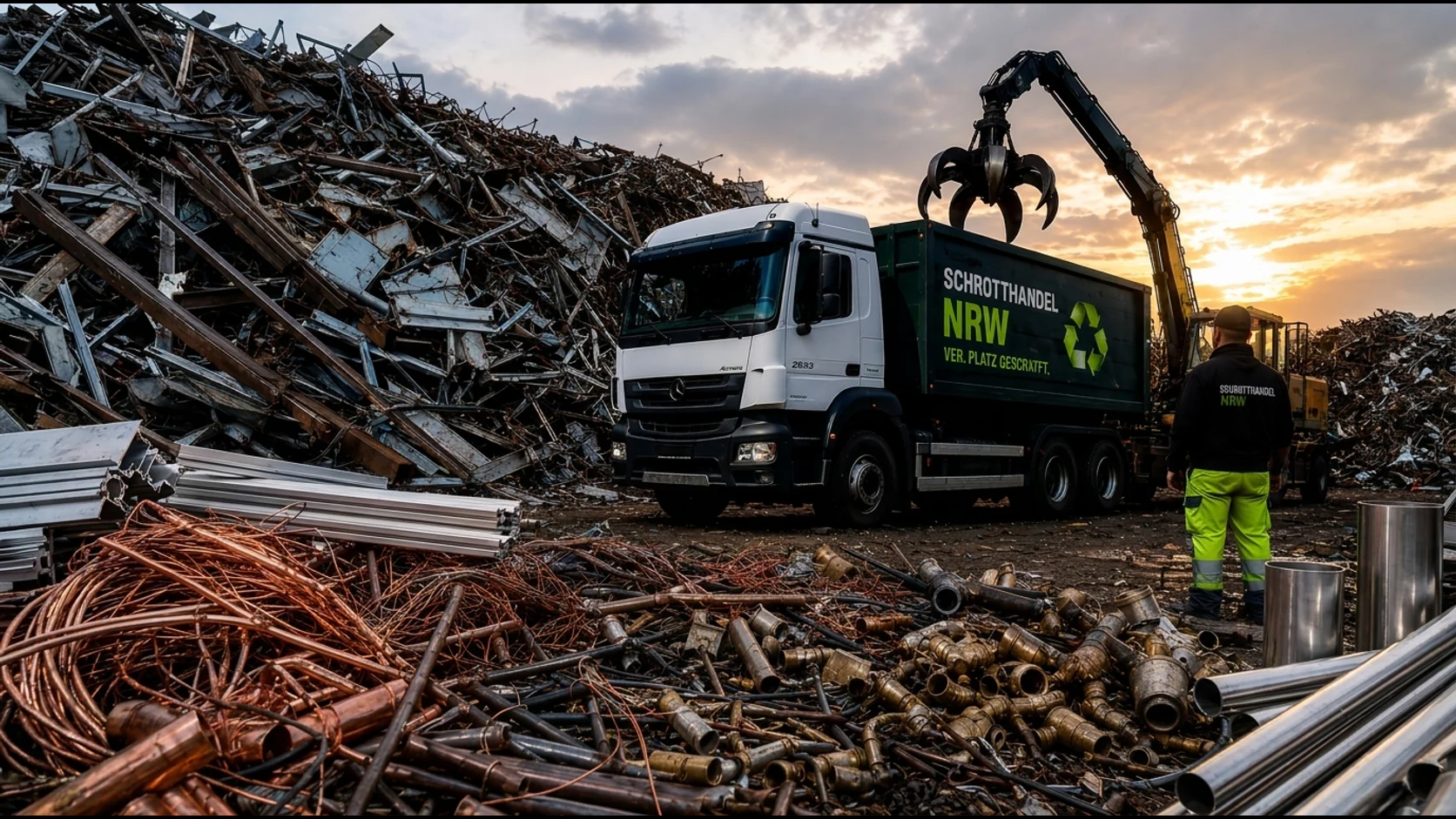 Schrotthandel NRW mit LKW, Greifbagger und sortiertem Metallschrott